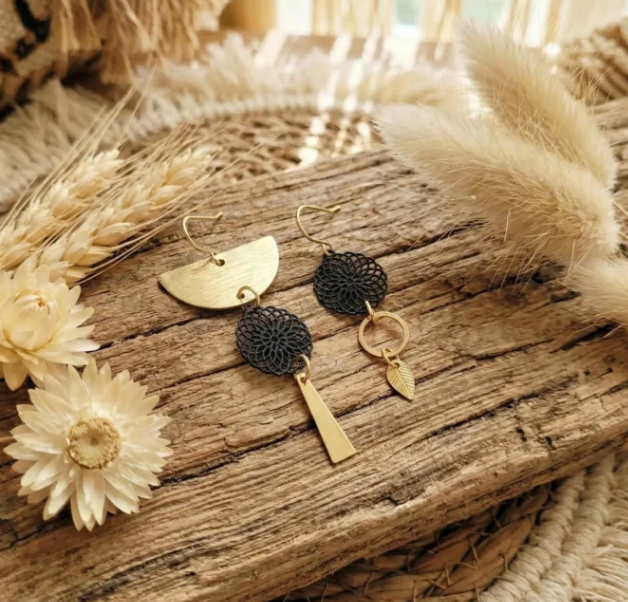 Boucles d’Oreilles Asymétriques « Rosace » — Filigrane Doré & Noir Description courte